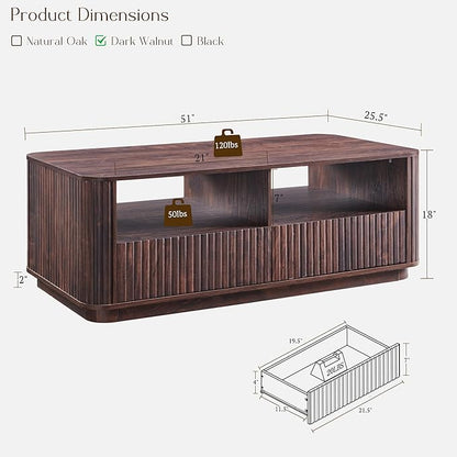 ACCOHOHO 51" Fluted Coffee Table with Storage, Large Modern Center Table with 2 Drawers, Rectangle Wood Coffee Table for Living Room, Dark Walnut