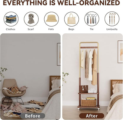 Clothes Rack Solid Wood Coat Rack,With Double Shelf Metal & Wood Clothing Rack Freestanding with Wheels for Hanging Clothes Garment, Entryway Bedroom Storage