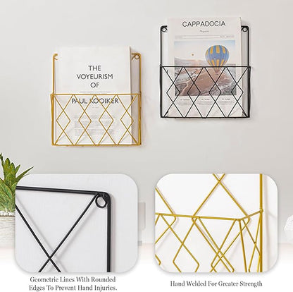 Wall-Mounted File Organizer, Metal Wall File Holder, Magazine Rack, Space-Saving Design, Ideal for Home Office, Workspace, and Study Room Organization (Gold)
