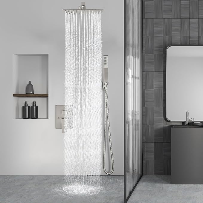 Aolemi Shower Faucet Set Rain Shower System with Handheld Spray Bathroom Shower Combo Rough-in Valve and Shower Trim Kit Included Brushed Nickel 8 Inch Wall Mount Shower Head