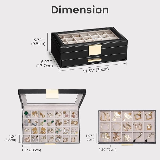Lolalet Earring Storage Box Case with Glass Top, Large Earring Jewelry Holder Organizer Display with Drawer and Grid, Gift for Girls Women -2 Tiers, Black