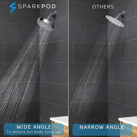 SparkPod Rain Shower Head, 6 Inch Round | High Pressure Shower Heads, 90 Nozzle (Touch-to-Clean), Adjustable Showerhead, No-tool Universal Connection