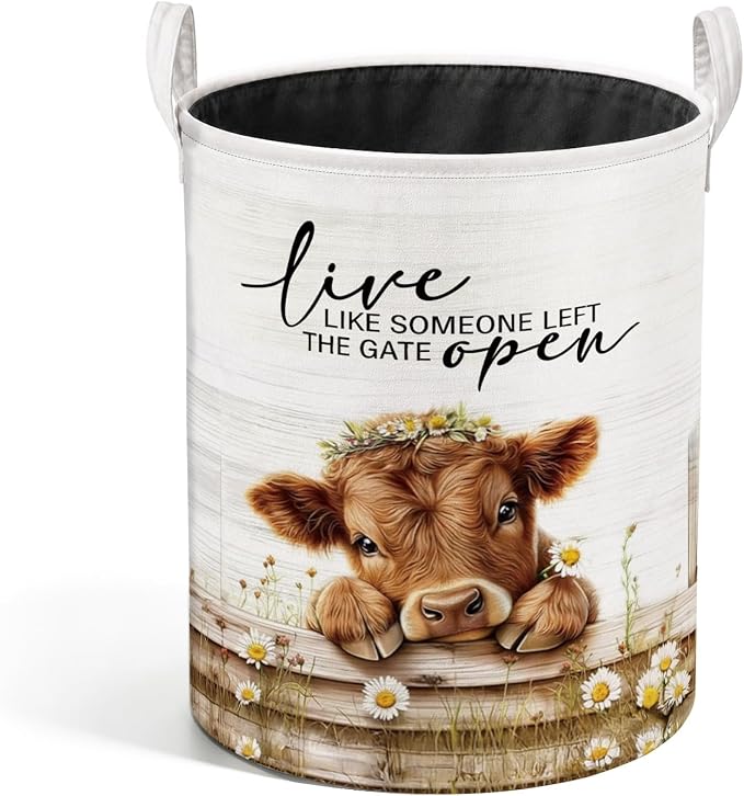 Farmhouse Highland Cow Laundry Basket, Live Like Someone Left the Gate Open Cow Laundry Hamper Waterproof Collapsible Clothes Toys Storage Bin Organizer for Bedroom Bathroom Home