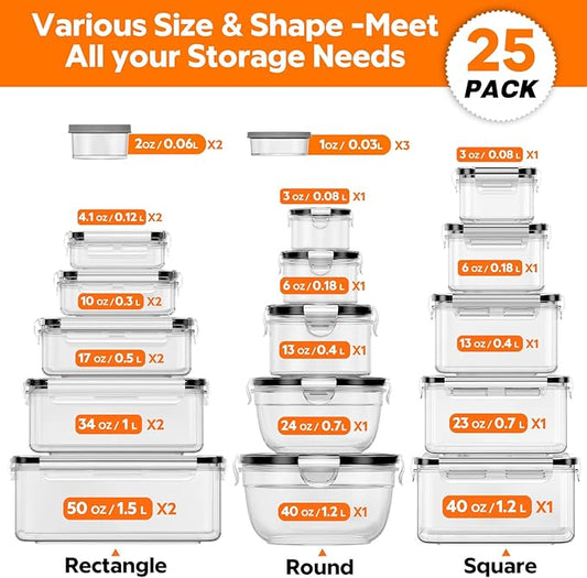 50 PCS Food Storage Containers with Lids (25 Containers & 25 Lids) - Reusable Plastic Food Containers for Kitchen Storage and Organization BPA-Free Leakproof Meal Prep Container with Labels & Pen