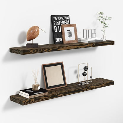 Howizz 36'' Pine Wood Floating Shelves for Wall- Set of 2 - Rustic Wall Mounted Wooden Shelf for Stylish Home Décor (Dark Brown, 36x6.5x1.25)