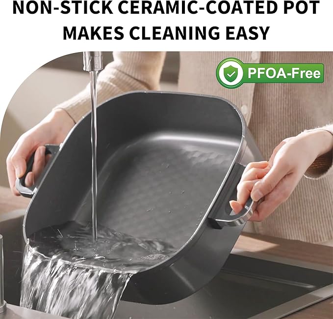 6-Quart Electric Skillet, Hot Pot | Non-Stick PFOA-Free Ceramic-Coated Pot, 1600W, Timer & 3 Power Settings for Steak, Egg, Ramen, Nonstick Pot