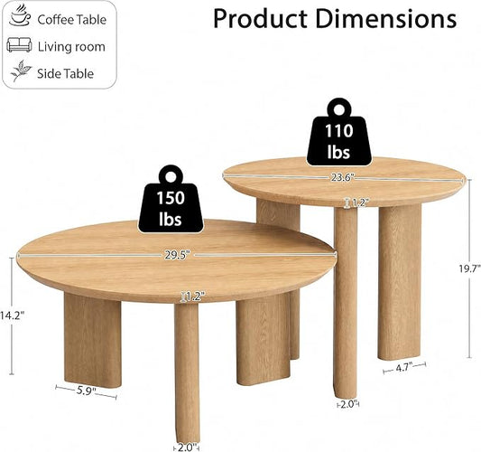 Yechen Nesting Coffee Table Set of 2, Round Wooden Veneer Coffee Table and Side Table Set, Circle Modern Center Tables with Smooth Thick Design for Living Room, Office, or Apartment