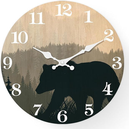 XFM Cabin Bear Wall Clock Battery Operated 10 Inch Silent Wooden Wall Clocks Rustic Farmhouse Wall Clocks for Lodge Living Room Kitchen Office Decor