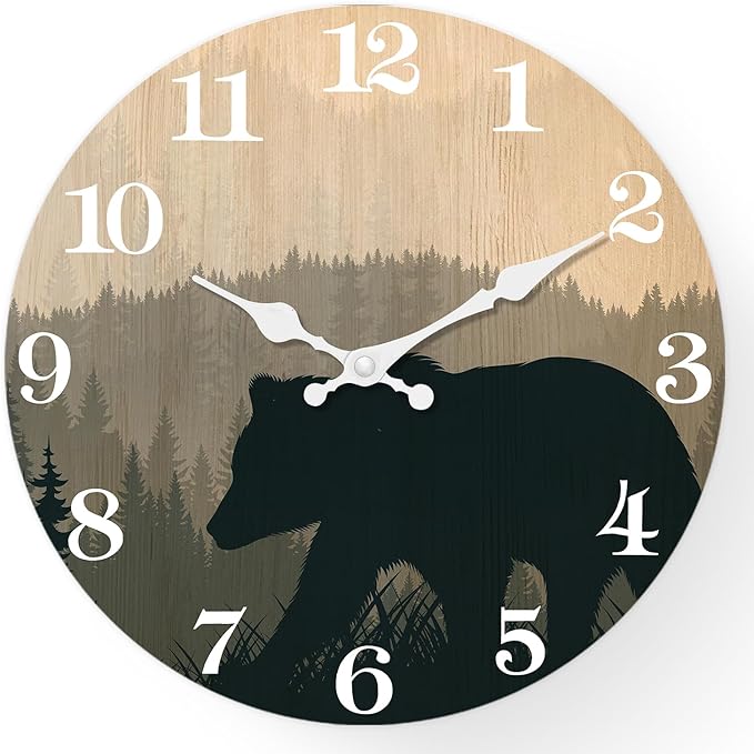 XFM Cabin Bear Wall Clock 12 Inch Silent Non Ticking Wooden Wall Clocks Battery Operated Forest Wildlife Mountain Lodge Round Clock Rustic Farmhouse Wall Clock
