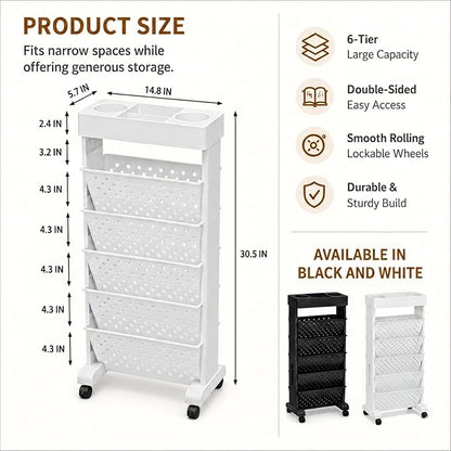 6-Tier Bookshelf, Book Storage Organization with Wheels Mobile Rolling Bookshelves Cart for Home Office Kids’ Study Room School, White