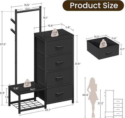 KKL Small Dresser for Bedroom with Clothes Hanging Rack, Reversible Bedroom Dresser with Shoe Rack & 4 Fabric Drawers, 3-in-1 Storage Chest of Drawers with Storage Shelves & Tree Hooks, Black