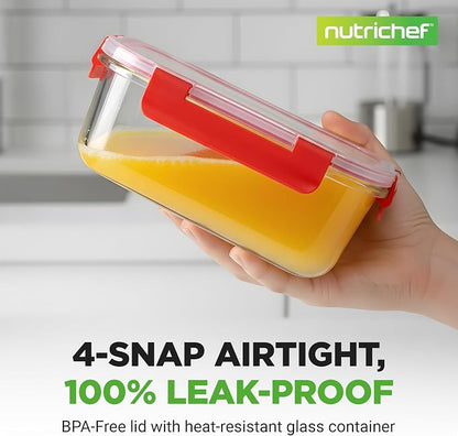 NutriChef 24 Piece Glass Food Storage Containers with Lids - Airtight Glass Meal Prep Containers, Bento Lunch Boxes, Hinged Lock Lid, For Meal Prep, Kitchen Storage, Freezer (12 Containers & 12 lids)