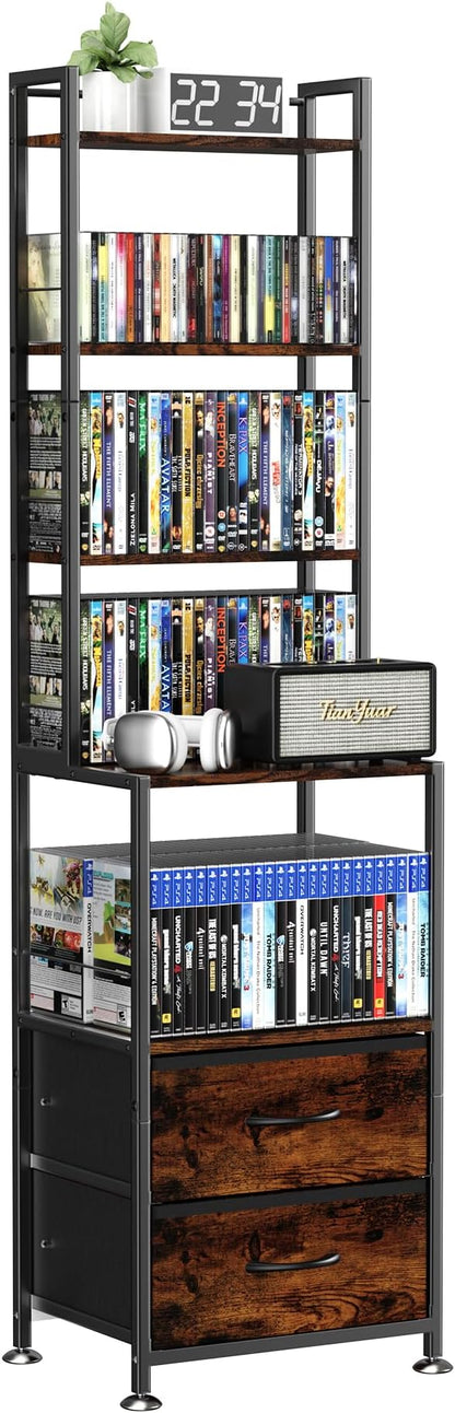 CD Rack and Storage with Two Drawers, 7-Tier DVD Shelf and Rack, CD Storage Tower and Holder for DVDs, Books and Media Games, Movie Collection and Decor, Ideal for Living Room, Home