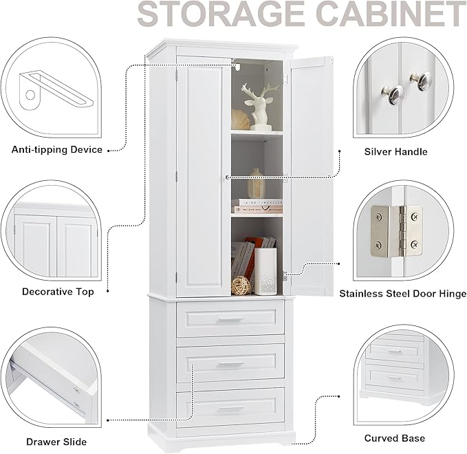 Polibi Tall Storage Cabinet with 3 Drawers, 3-Tier Adjustable Shelves & 2 Doors, Floor Freestanding Linen Cabinet for Bathroom, Living Room (White)