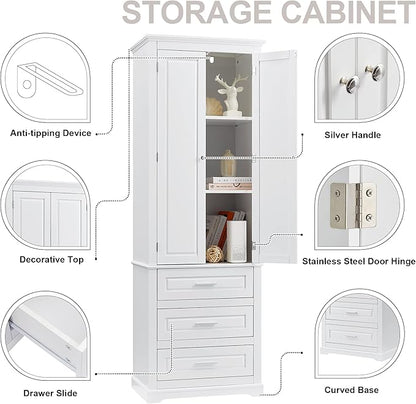 Polibi Tall Storage Cabinet with 3 Drawers, 3-Tier Adjustable Shelves & 2 Doors, Floor Freestanding Linen Cabinet for Bathroom, Living Room (White)
