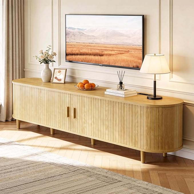 70" Mid Century Modern TV Stand with Power Outlet, Fluted Entertainment Center with Storage and Adjustable Shelves, Wood TV Console with Sliding Doors for Living Room, Oak