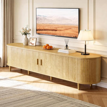 70" Mid Century Modern TV Stand with Power Outlet, Fluted Entertainment Center with Storage and Adjustable Shelves, Wood TV Console with Sliding Doors for Living Room, Oak