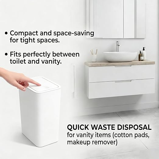 Compact Push-in Trash Can with Lid for Bathrooms, Kitchens, Living Rooms, Offices, Etc., Trash Can with Pop-Up Lid, 10 Liter/2.6 Gallon Slimline (White)