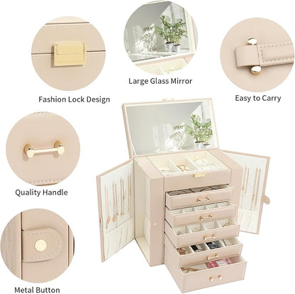 Jewelry Storage Box, Jewelry Organizer with 22 Necklace Hooks, Large Jewelry Box for Ring Bracelet Necklace Earrings (Apricot)