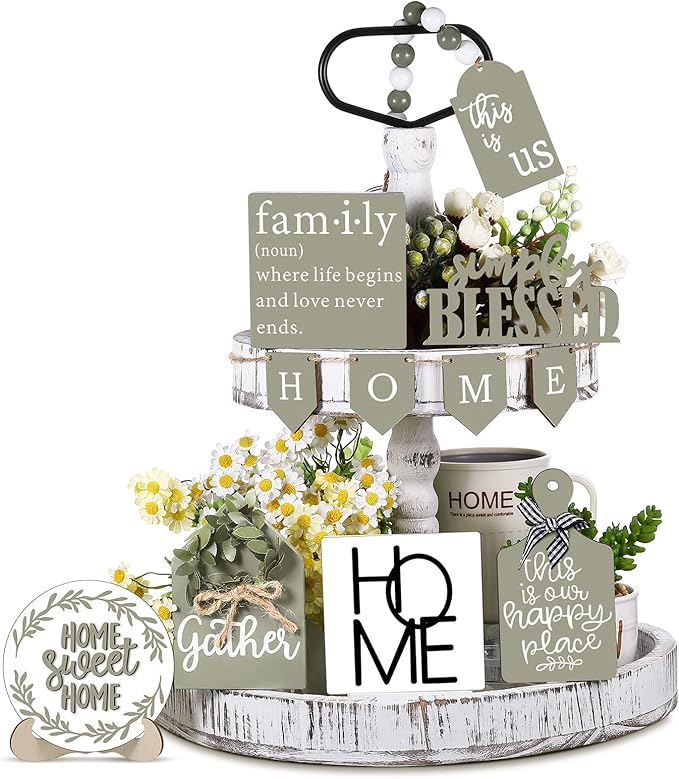 11 Pcs Home Tiered Tray Decor Spring Rustic Farmhouse Tiered Tray Decorations Set Sage Green Wooden Home Sign Vintage Farm Animal Farmhouse Tabletop Wood Sign for Kitchen Table Shelf Decor