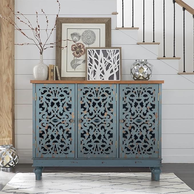 Sophia & William Sideboard Buffet Credenza Cabinet, 3-Door Hollow-Carved Accent Cabinet, Distressed Sideboard Storage Cabinet with Wood Veneer for Kitchen, Living Room, Dining Room, Entryway, Blue | 3-Door, Hollow-Carved, Accent Cabinet, Distressed, St...