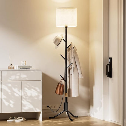Coat Rack Freestanding Coat Tree with Floor Light, Metal Tall Entryway Coat Stand with 5 Hooks, Slim Modern Black Coat Hanger for Bedroom, Hallway, Office and Small Spaces