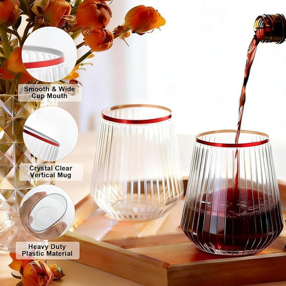 BESTSTAR 36 Pcs 12 oz Plastic Clear Red Rim Ribbed Wine Glasses, Origami Ripple Disposable Champagne Glasses Elegant Whiskey Glasses Ideal for Weddings, Bars, Christmas, Pool Party, Daily Use