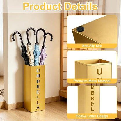 Gold Metal Umbrella Holder, Square Freestanding Umbrella Rack Stand Storage Bucket for Indoor Entryway, Home, Office and Hotel, 16.26 x 6.46 x 6.46 Inch