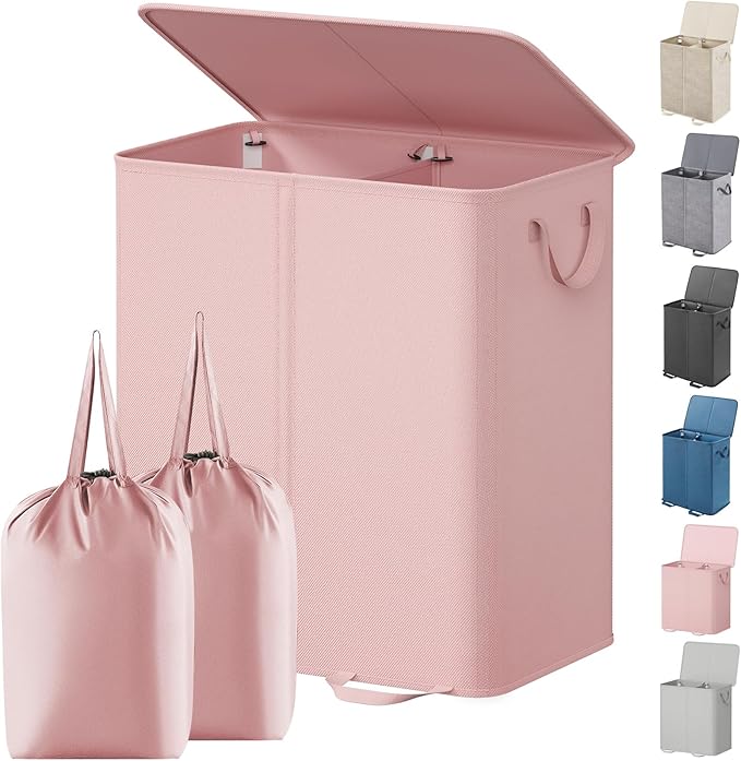 Lifewit Double Laundry Hamper with Lid and Removable Laundry Bags, Large Collapsible 2 Dividers Dirty Clothes Basket with Handles for Bedroom, Laundry Room, Closet, Bathroom, College, 155L Pink