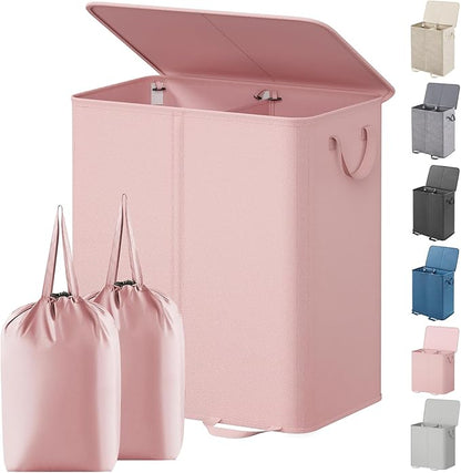 Lifewit Double Laundry Hamper with Lid and Removable Laundry Bags, Large Collapsible 2 Dividers Dirty Clothes Basket with Handles for Bedroom, Laundry Room, Closet, Bathroom, College, 155L Pink