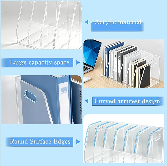 6-Tier Clear Acrylic File Holder, Vertical Document Organizer for Magazines, Binders, Notebooks & Envelopes - Multi-Purpose Desk Storage for Home Office（B5,6 Sections）