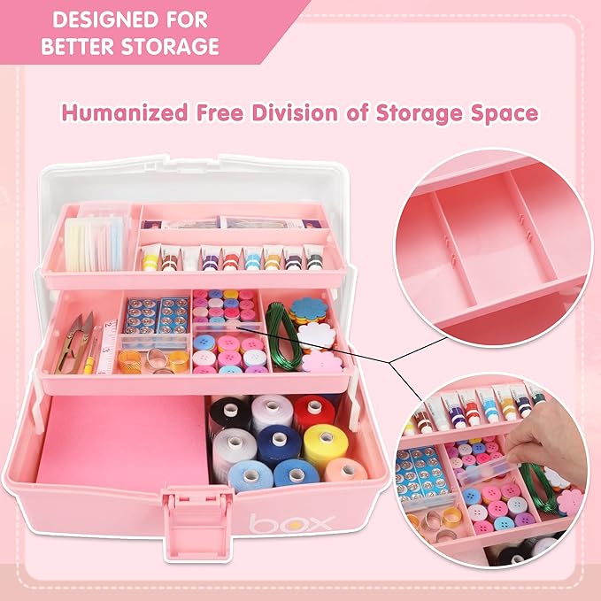 TERGOO 12in 3-Layer Plastic Craft Organizers and Storage, Portable Folding Tackle Box with Handle & Adjustable Dividers, Multipurpose Case for Sewing, Art Supplies, Medicine, Tools (White Pink)