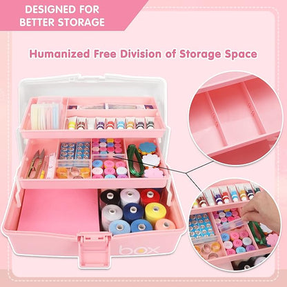 TERGOO 12in 3-Layer Plastic Craft Organizers and Storage, Portable Folding Tackle Box with Handle & Adjustable Dividers, Multipurpose Case for Sewing, Art Supplies, Medicine, Tools (White Pink)