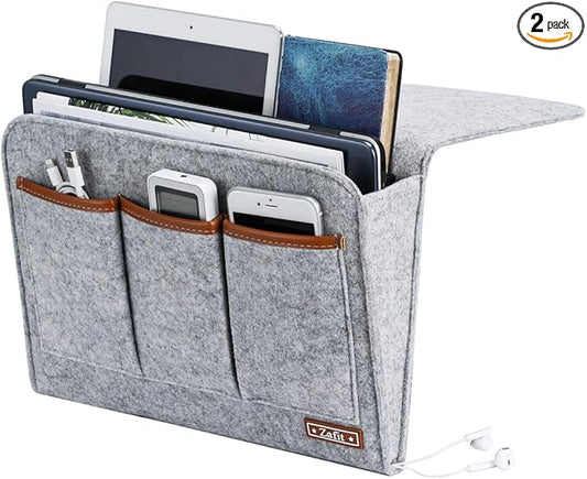 Zafit Bedside Caddy, 6 Pockets Large Size Bedside Storage Organizer Bedside Organizer Caddy for Magazine Remotes Phone (13.4'' x 18.1'', Light Grey)