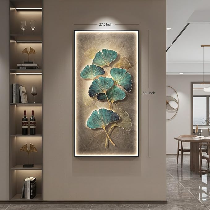 Framed Ginkgo LED Lighted Wall Art for Living Room, Large Vertical Modern Luxury Botanical Artwork for Walls, Remote Control Dimmable Backlit Wall Decor for Hallway, Entryway, Dining Room, Office