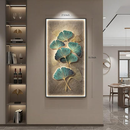 Framed Ginkgo LED Lighted Wall Art for Living Room, Large Vertical Modern Luxury Botanical Artwork for Walls, Remote Control Dimmable Backlit Wall Decor for Hallway, Entryway, Dining Room, Office