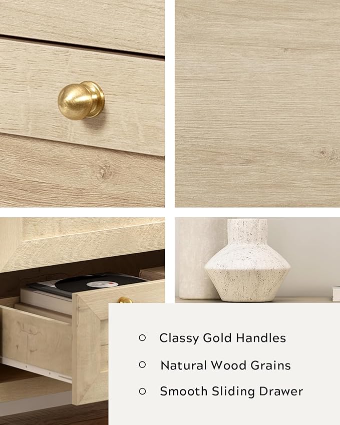 3 Drawers Dresser for Bedroom, Farmhouse Closet Storage Organizer with Golden Handles, Wooden Nightstand End Table for Living Room, Bedroom, Entryway, Hallway, Light Oak
