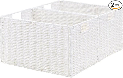 Vagusicc Wicker Storage Basket, Set of 2 Hand-Woven Paper Rope Wicker Basket, Large Storage Baskets for Organizing, Foldable Large Cube Storage Organizer Bins for Shelves (White)