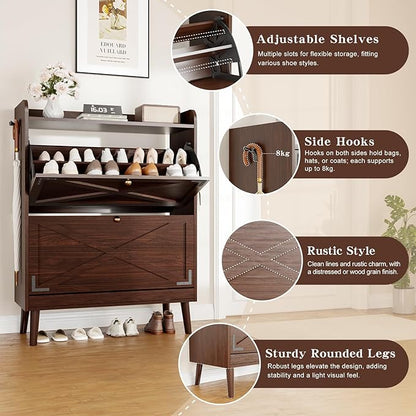 Shoe Storage Cabinet with 2 Flip Drawers & Adjustable Shelves,Narrow Shoe Cabinet Storage with Doors Side Hooks Wooden Shoe Rack Cabinet for Entryway,Hallway,Rustic Brown