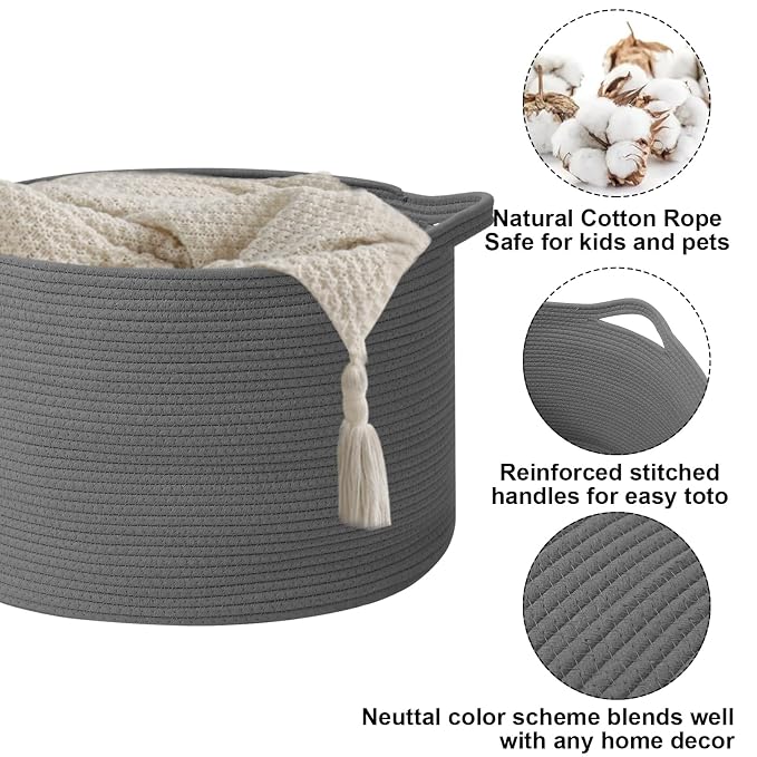 90L Extra Large Blanket Basket,Rope Woven Storage Basket with Handles, Laundry Hamper for Toys, Clothes, Pillows & Towels, Perfect for Living Room, Nursery & Bedroom,Dark Gry