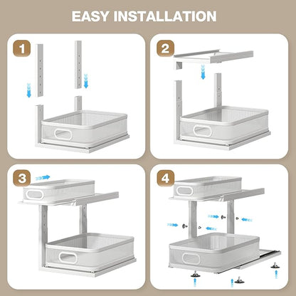 2 Pack Under Sink Organizer With Next-Gen Ball-Bearing Slides,2-Tier Precision Mesh Pull Out Cabinet Drawers Storage for Bathroom&Kitchen,Height Adjustable Shelf,Rust-resistant-Patent Pending