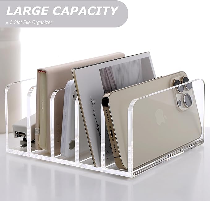 SANRUI Clear Desktop File Organizer, 5 Compartments Acrylic Office Document Sorter Mails Storage, Multifunction Letter Folder Racks Holders for Office,Home, School Desk Organization