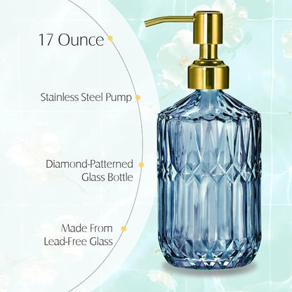 COHOSEGE 17 Oz Blue Glass Kitchen Soap Dispenser for Dish Soap, 2 Pack Bathroom Soap Dispenser Set with Gold Rust Proof Pump for Lotion, Hand soap or Body Wash