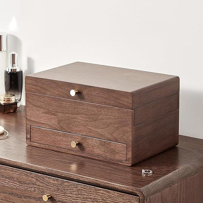 CHOSIN Black Walnut Jewelry Box for Women, 3-Level Multi-functional Organizer with Mirror for Watches, Necklaces, Rings & Earrings Storage Christmas Gifts