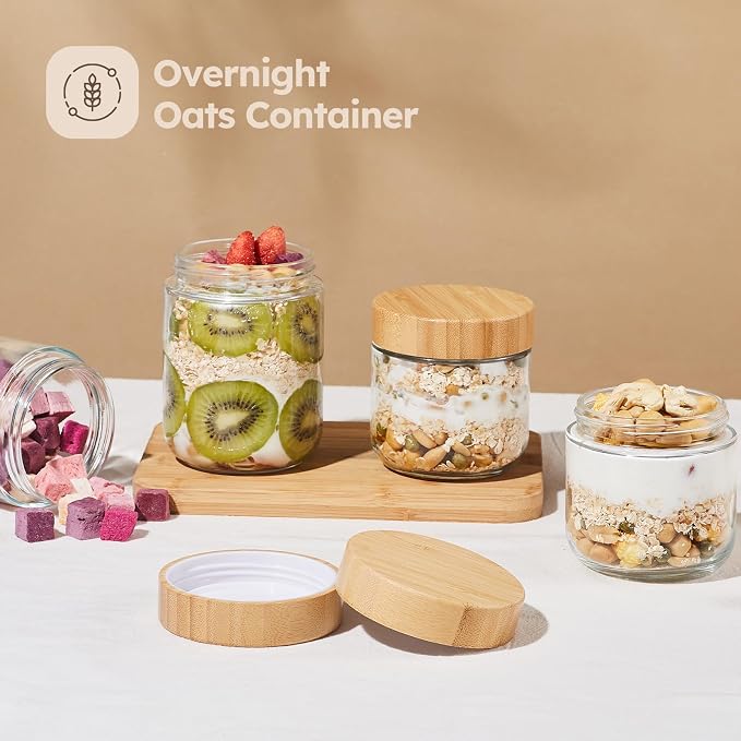Tecohouse Chia Pudding Jars with lids, 6 Pack 12 OZ Overnight Oats Containers with Bamboo Lids, Mason Glass Cosmetic Jars with Airtight Lids For Salad, Meal Prep, Snacks, Spice, Suger, Yogurt
