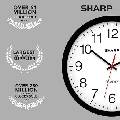 Sharp Wall Clock – Black, Silent Non Ticking 14 Inch Quality Quartz Battery Operated Round Easy to Read Home/Kitchen/Office/Classroom/School Clocks, Sweep Movement