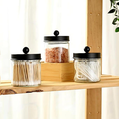 SheeChung Bathroom Organizers and Storage - 3Pack Qtip Holders Bathroom Canister Apothecary Jars for Cotton Swabs, Rounds, Balls, Qtips,Makeup Sponges, Flossers,Bath Salts - Black