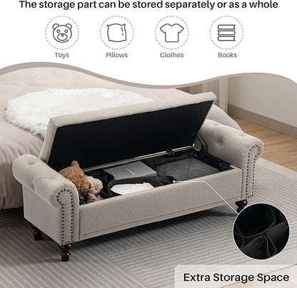 58.1" Storage Bench Upholstered Linen End of Bedroom Bed Bench Ottoman with Tufted Cushioned Rolled Arm Large Storage Space for Reading Living Room Entryway, Light Brown