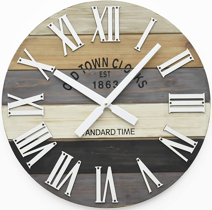 Oldtown Clocks 24" Wooden Multi-Color Maritime Coastal Beach Large Roman Wall Clock (Grey, 24 inch)