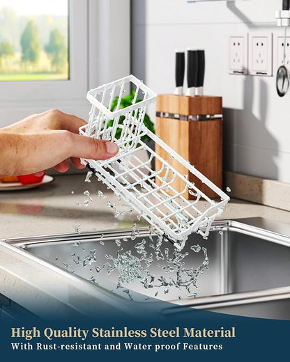 Consumest Sponge Holder for Kitchen Sink - Sink Caddy Organizer with Removable Drip Tray for Countertop Dish Soap Dispenser Brush Storage Kitchen Accessories 304 Stainless Steel, White
